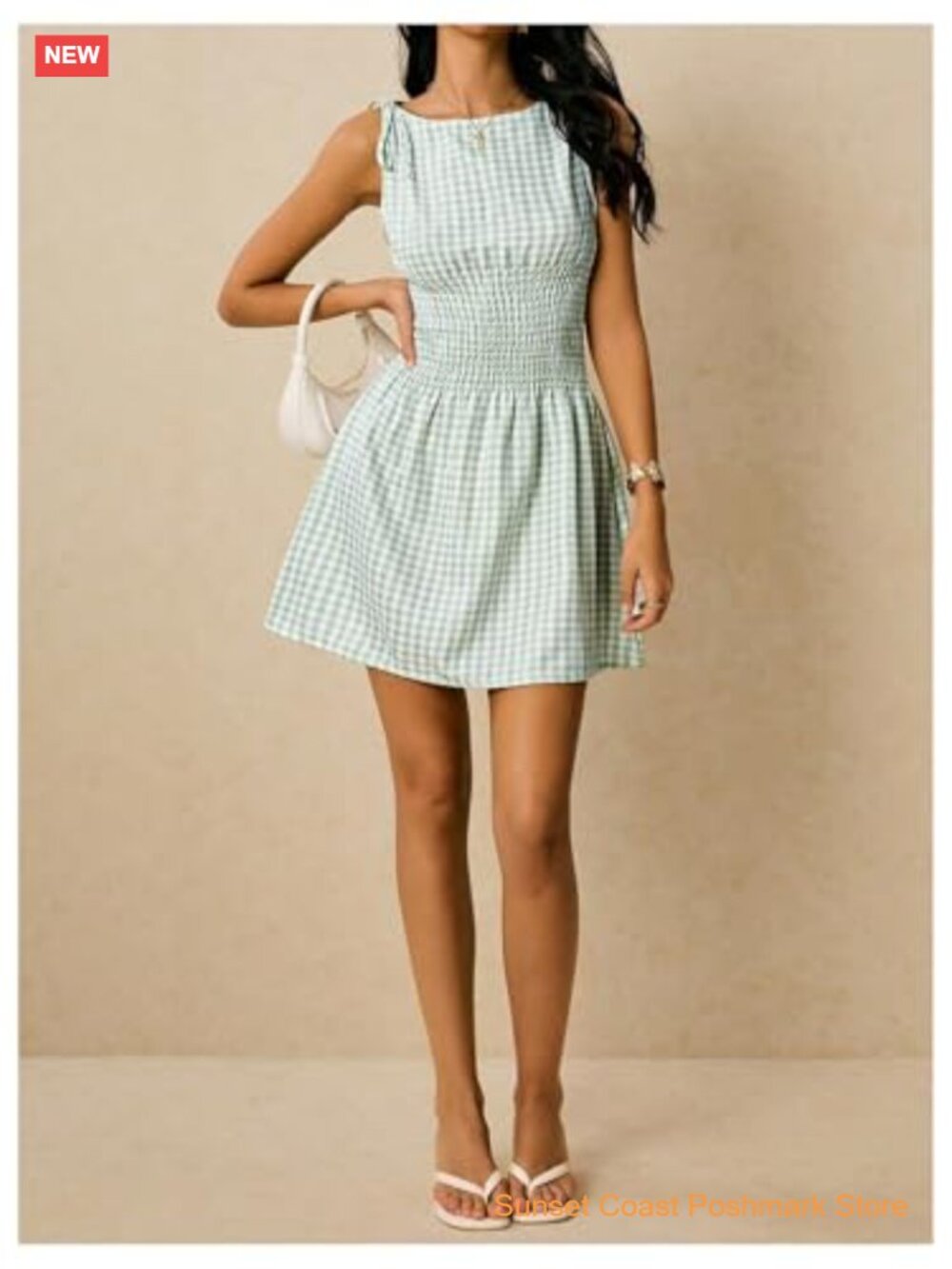 Tie Shoulder A Line Gingham Checkered Dress Boat Neck Sleeveless Mini - Picture 5 of 6